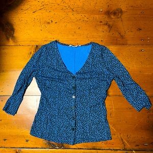 Boden 6R blue leopard periwinkle cotton button front shirt top 3/4 sleeve elbow